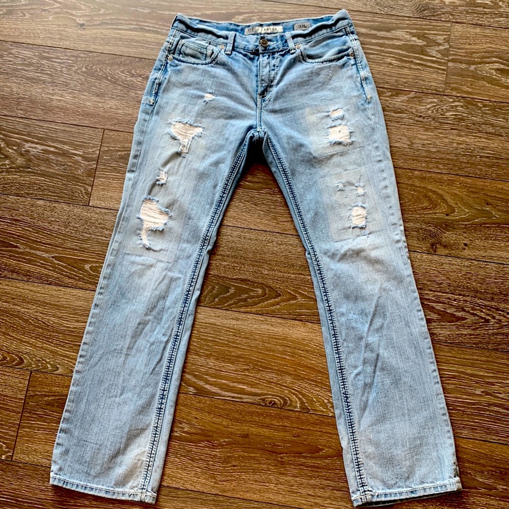 Like New BKE Carter Distressed Bootcut Blue Jeans size 33L